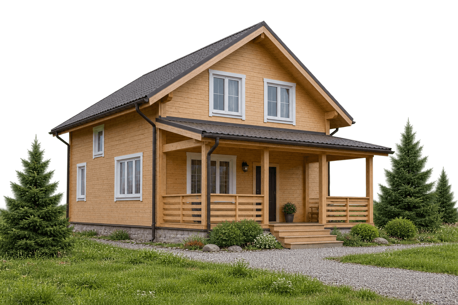 Двухэтажный каркасный дом 132 м² с террасой и серым планкеном