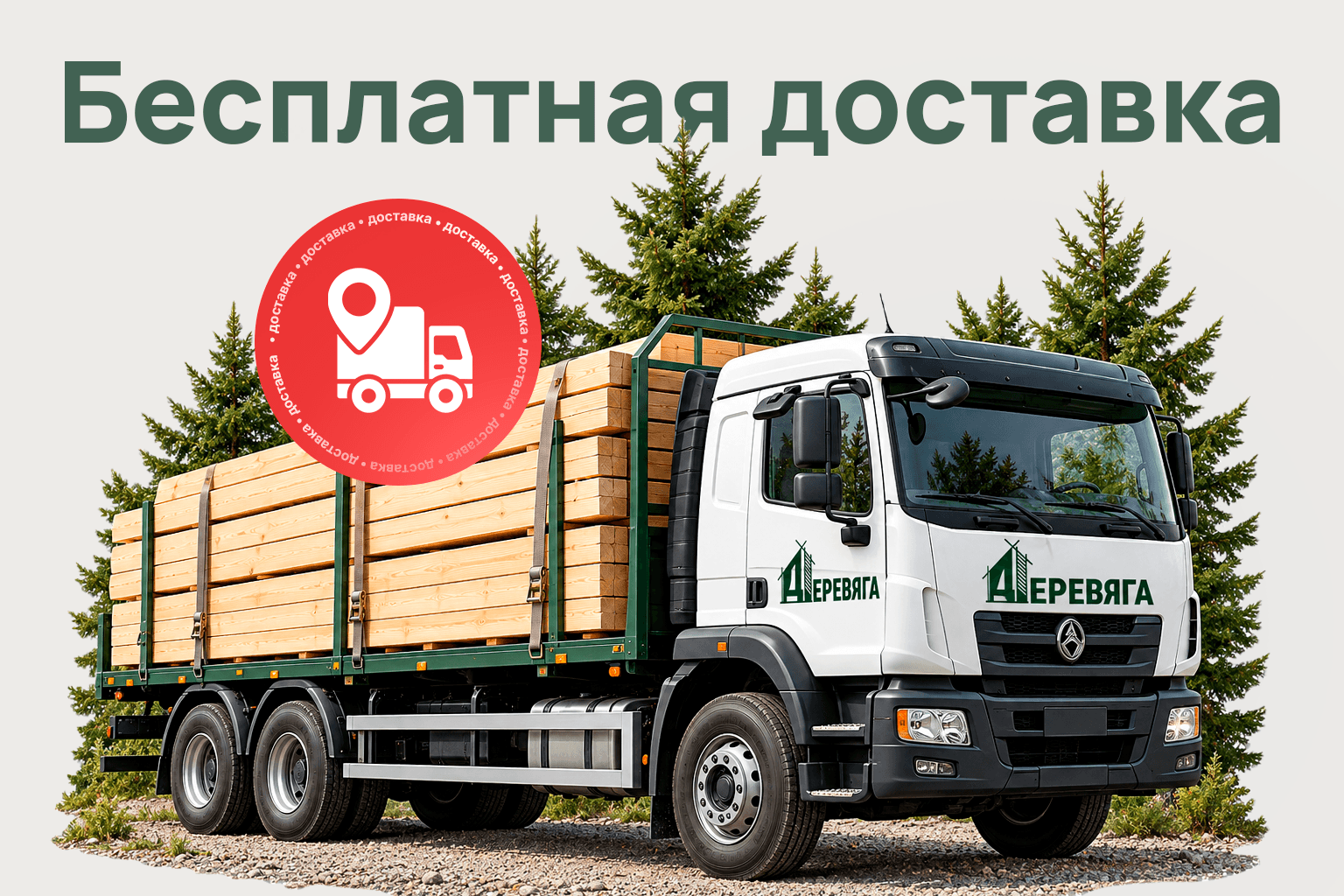 Доставка домокомплекта в подарок. Грузовик с логотипом Деревяга и материалами на фоне елей. Рекламная иллюстрация.